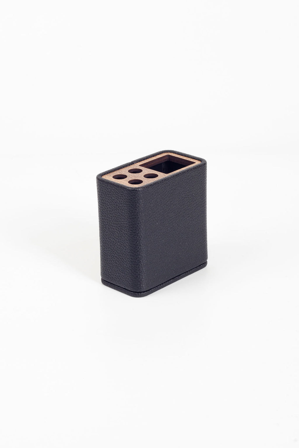 Desktop Leather Wood Detailed Pen Holder Black